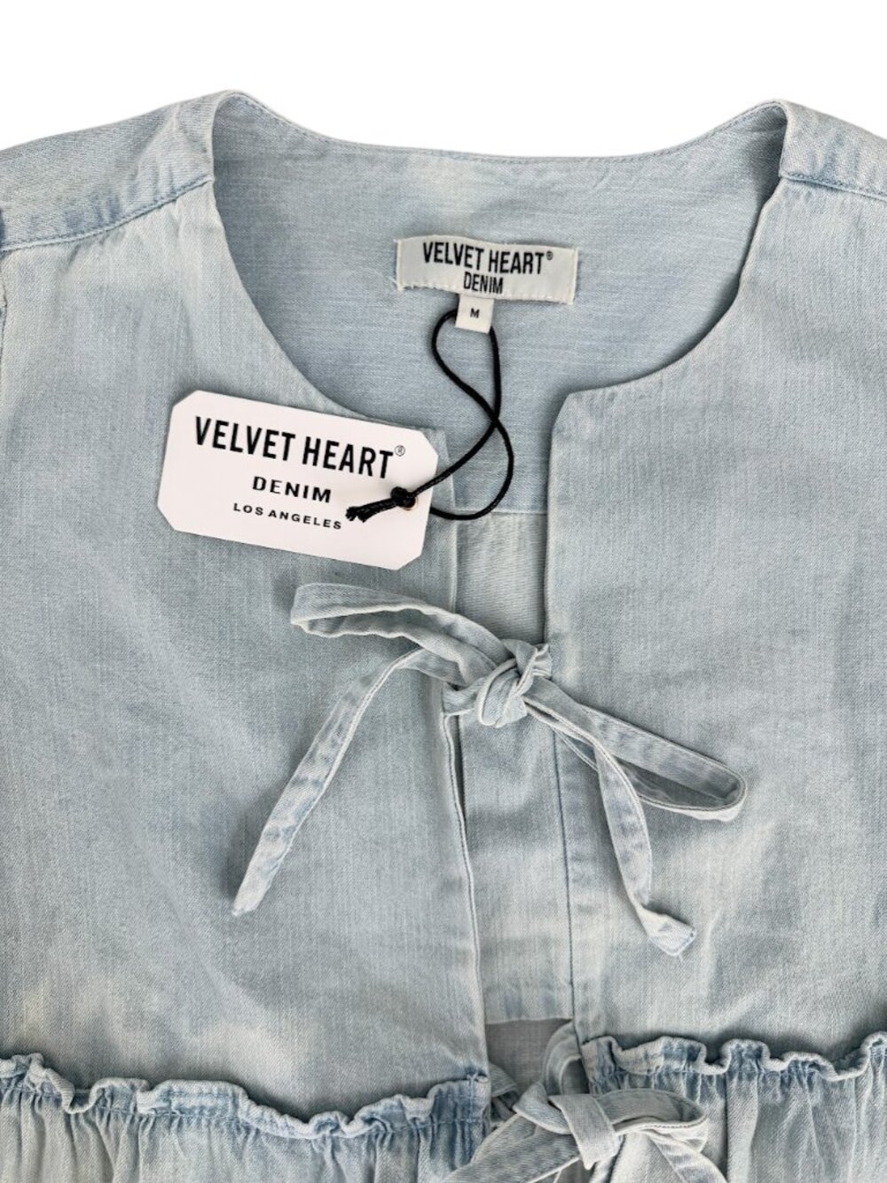 Velvet Heart Cotton Tie Front Peplum Shirt Puff Sleeve Chambray NWT M - Picture 4 of 8